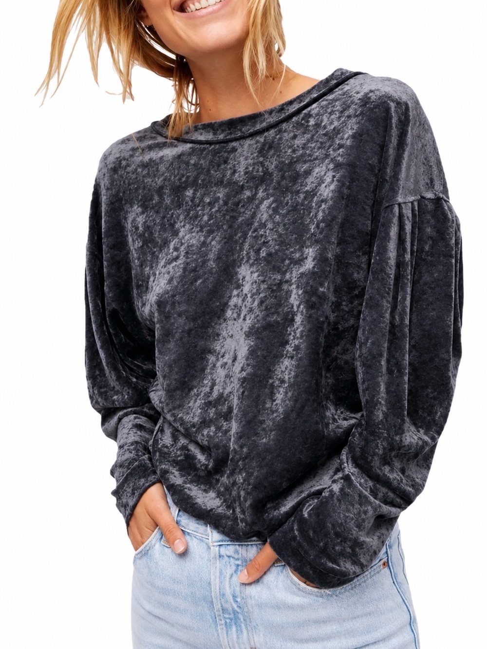 We the Free Milan crushed velvet navy top, medium